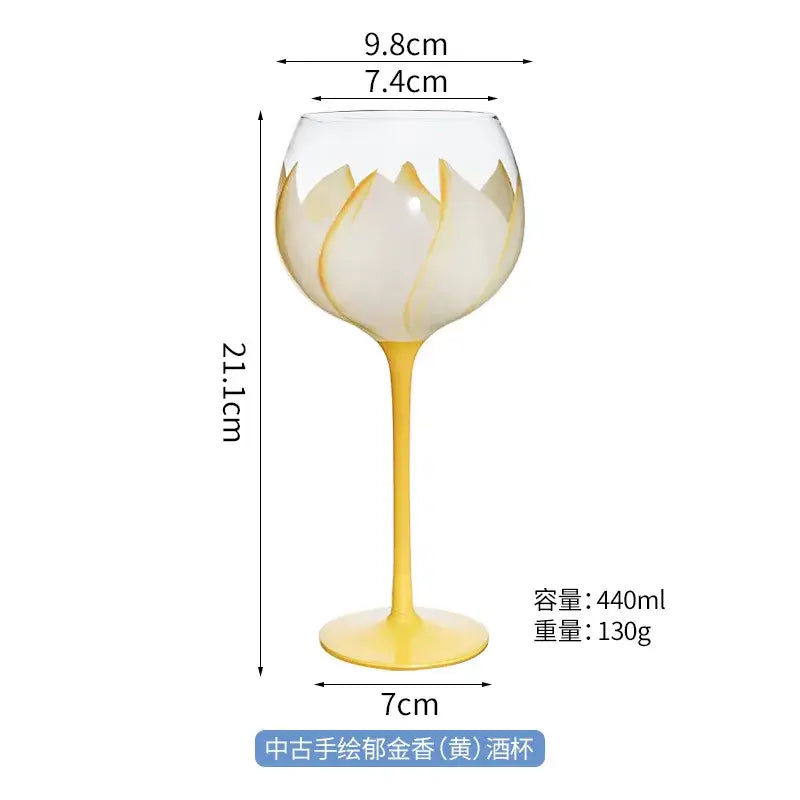 Hand painted glass goblet with yellow handle and white lotus design with gold accents for floral dining room decor