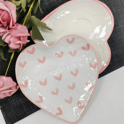 White ceramic kitchen saucer dish with pink hearts and rim complements hand painted heart love mug set