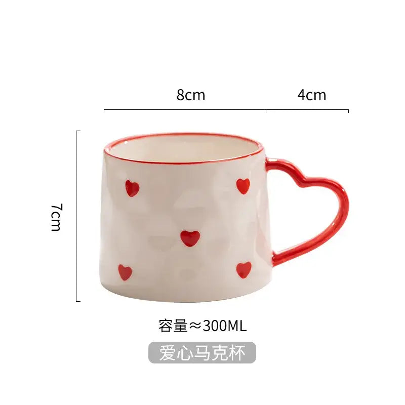 White ceramic love mug with hand painted heart handle and red heart decals for 300ml capacity kitchen use