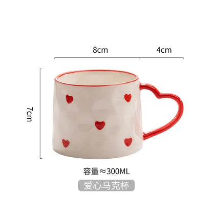 White ceramic love mug with hand painted heart handle and red heart decals for 300ml capacity kitchen use