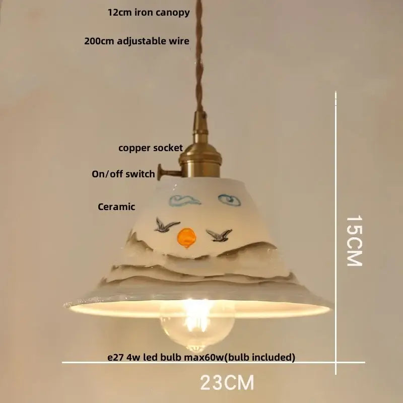 Hand painted white ceramic copper pendant light with a face design and blue orange accents for kitchen decorbites ceramic copper