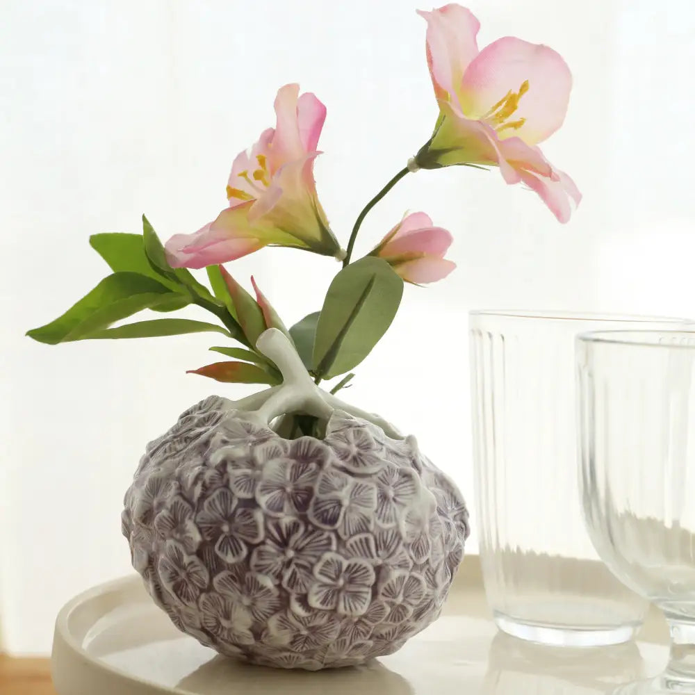 Hand-relief hydrangea ceramic vase grayish-white with floral pattern holding pink flowers for living room decorbites hydrangea ceramic