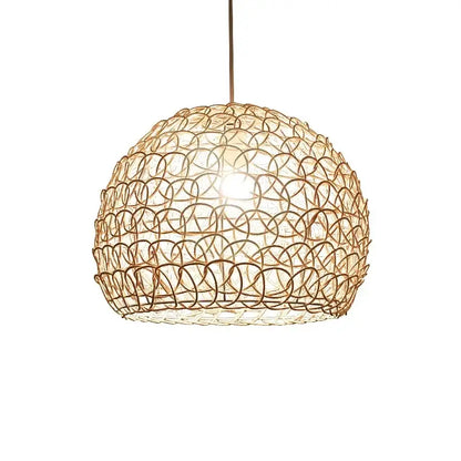 A warm-toned spherical hand woven rattan pendant light with intricate woven wire design for modern living rooms