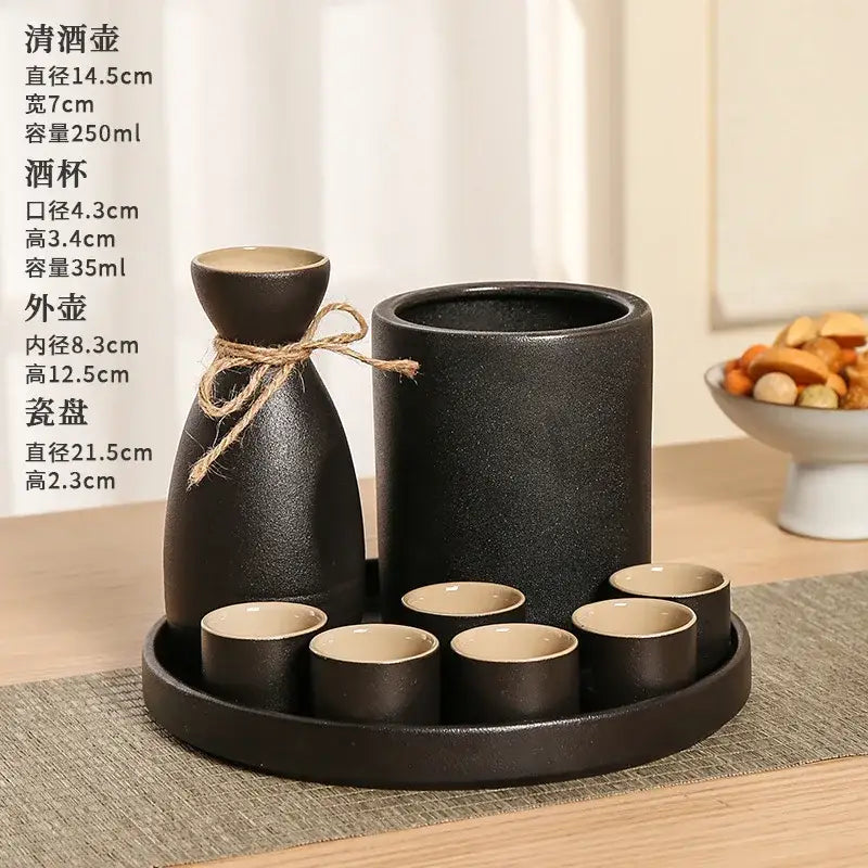Handcrafted decorbites black ceramic sake set with matte finish includes ceramic wine warmer bottle and six cups on tray