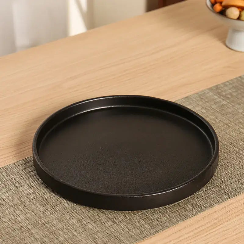 Handcrafted black ceramic wine warmer tray with matte finish and raised rim for decorbites black ceramic sake set