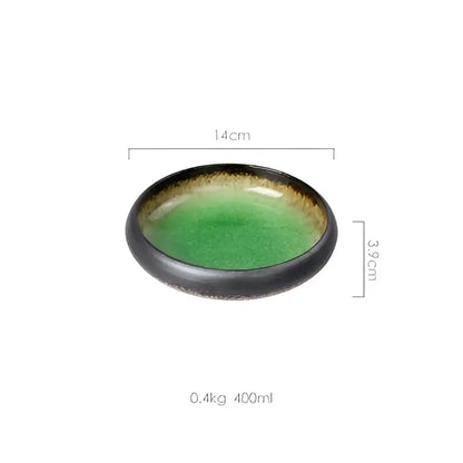 A sleek ceramic sushi plate with a vibrant green interior and dark textured rim for elegant dining use