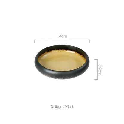 Handcrafted ceramic sushi plate with black exterior golden interior and speckled rim measuring 14cm diameter