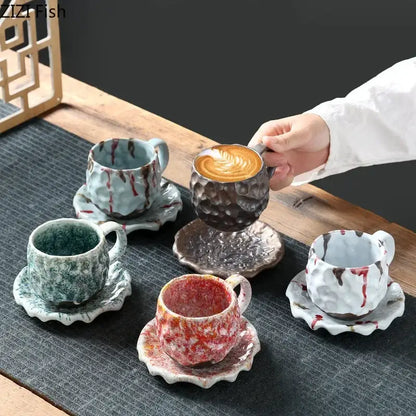 Handcrafted blue and red hammer pattern ceramic mug set with textured glazed surfaces for dining room use