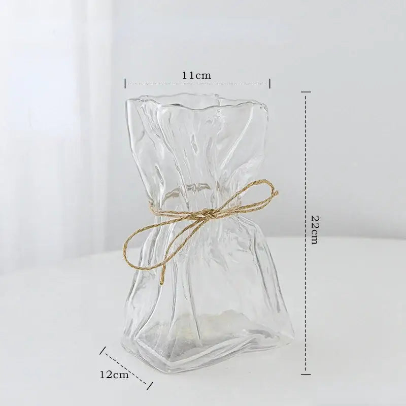 Handcrafted clear glass folded road vase with crinkled design and twine bow for living room decorbites clear glass decor