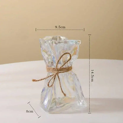 Clear glass folded road vase with faceted design and rustic twine bow for living room decorbites clear glass decor