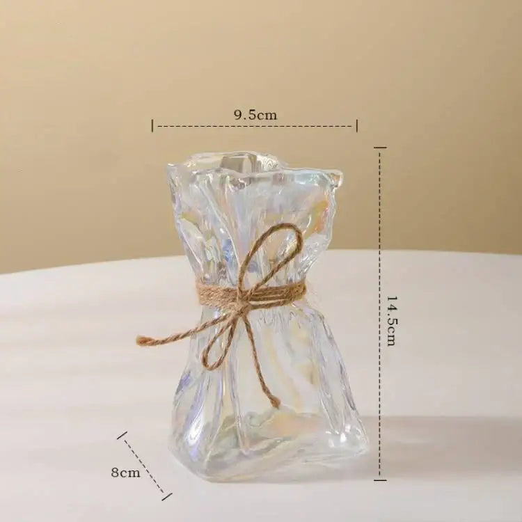 Clear glass folded road vase with faceted design and rustic twine bow for living room decorbites clear glass decor