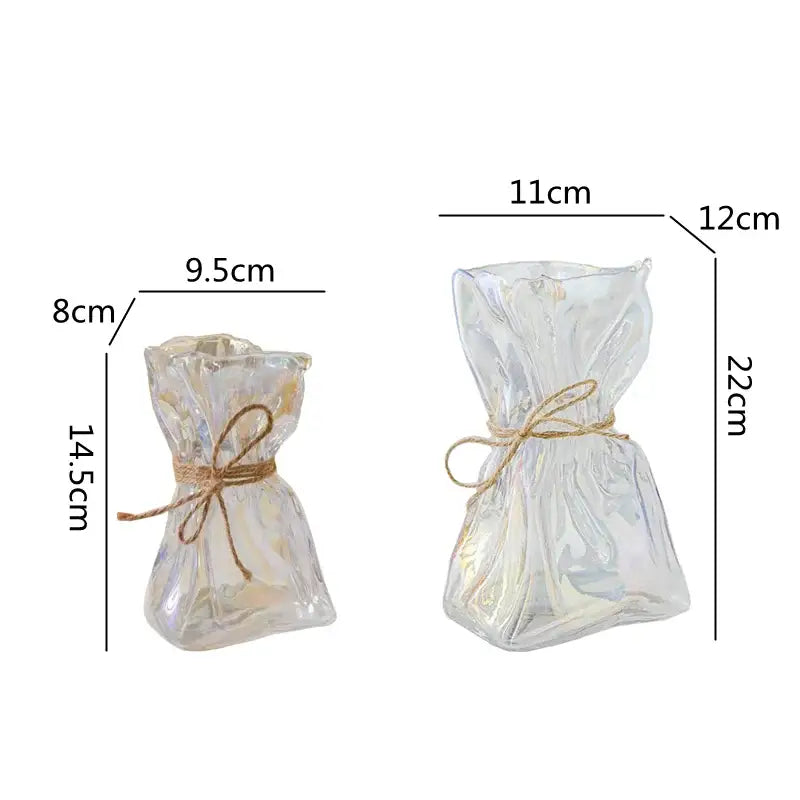 Handcrafted clear glass folded road vase with transparent iridescent finish and tied twine bow for living room decorbites decor