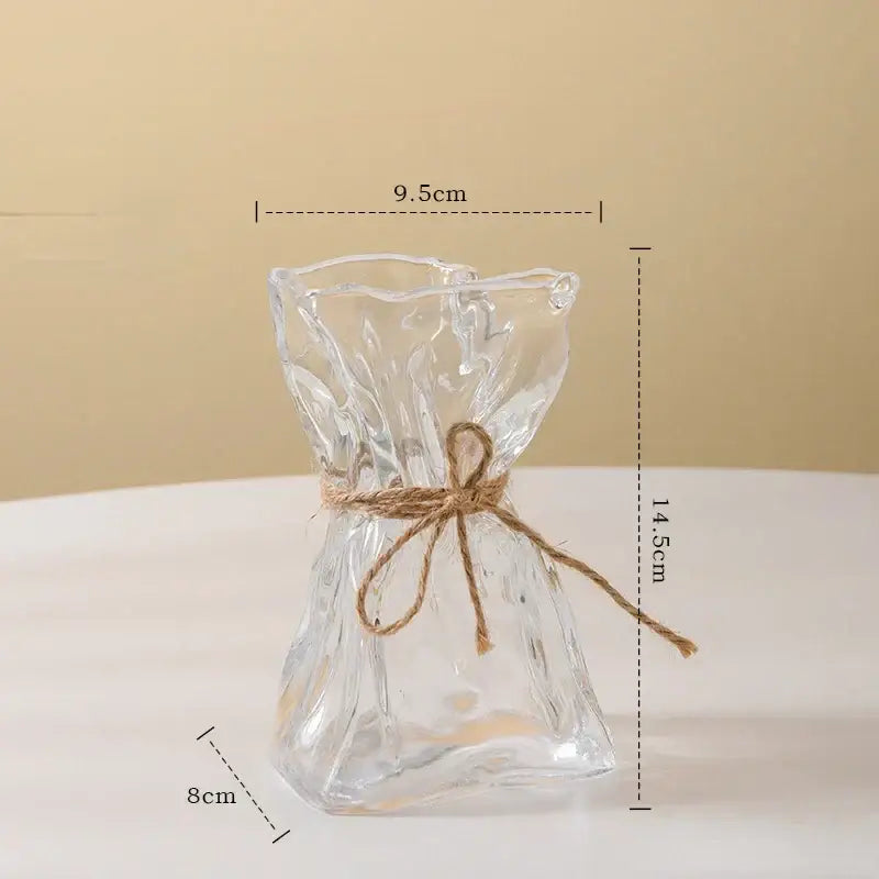 Handcrafted clear glass folded road vase with crinkled design and rustic twine bow for living room decorbites clear glass decor