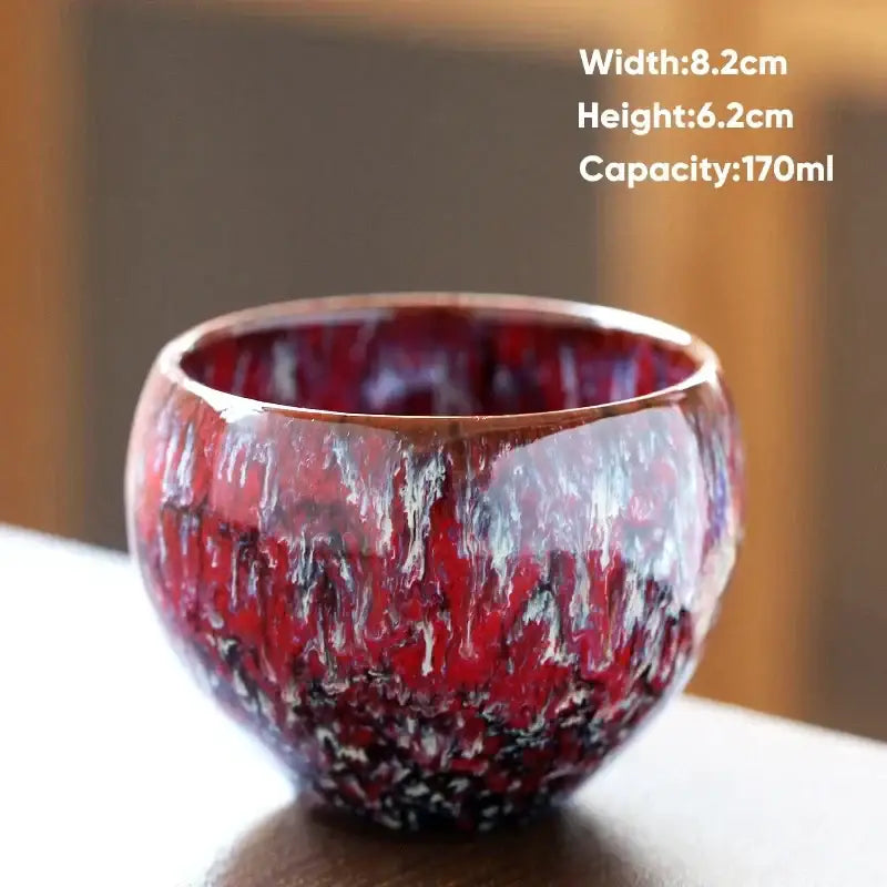 Handcrafted ceramic coffee cup with vibrant red and black crackle glaze glossy ceramic coffee cup 170ml capacity