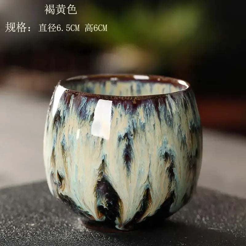 A handcrafted ceramic kung fu tea cup set with glossy crackle glaze in creamy beige blue and dark brown decorbites ceramic kung