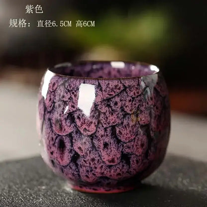 A glossy purple ceramic kung fu tea cup set with handcrafted crackle glaze and textured scale-like pattern for drinkware