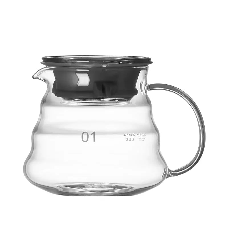 Clear glass coffee carafe with black lid and handle marked 01 in handcrafted decorbites glass coffee brewer set