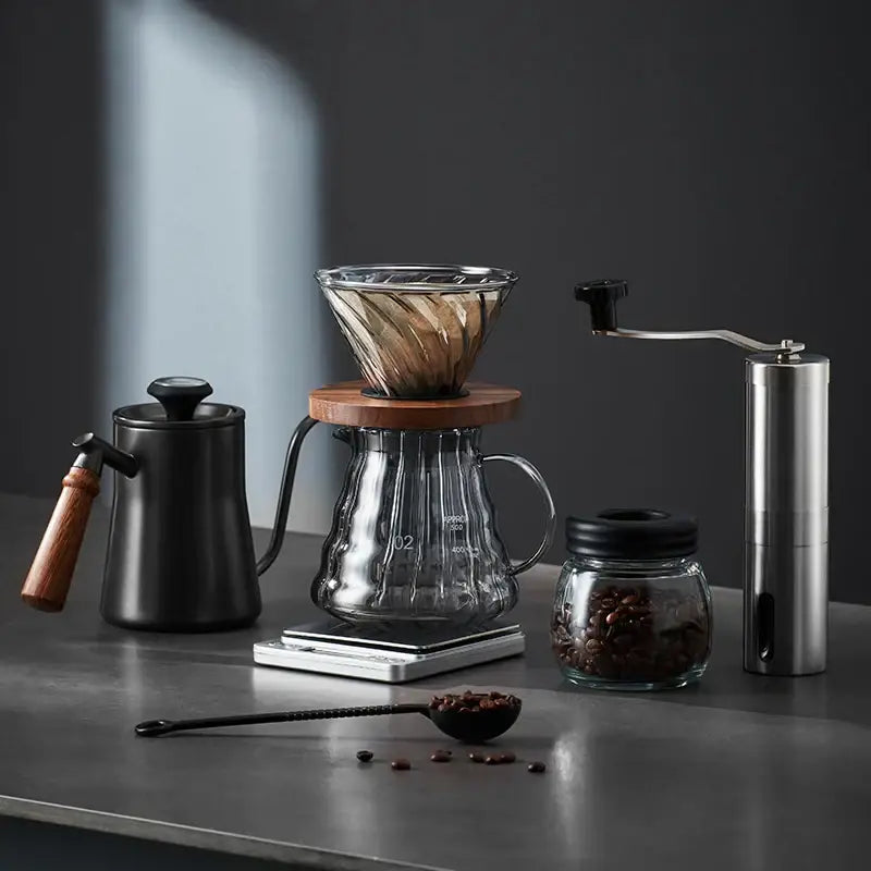 Handcrafted decorbites glass coffee brewer with clear glass pour-over and wooden lid featuring textured interior