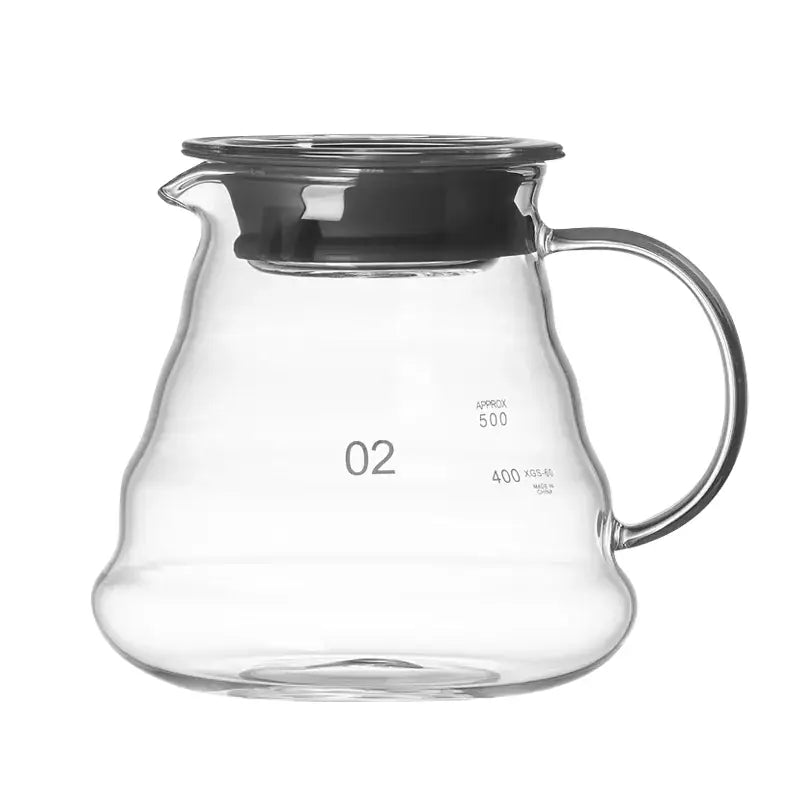 Clear glass coffee brewer with black lid and silver handle marked 02 approx 500 from decorbites glass coffee set