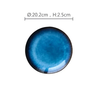 Handcrafted ceramic round plate with gradient blue glaze and dark rim measuring 20.2cm diameter and 2.5cm high