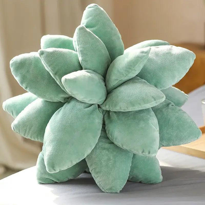 Handcrafted mint-green plush throw pillow with velvety fabric and rounded leaves for decorbites 3d succulent cactus flower decor