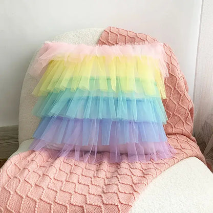 Handmade decorbites 3d chrysanthemum flower cushion cover with rainbow pastel tiered tulle layers for living room decor