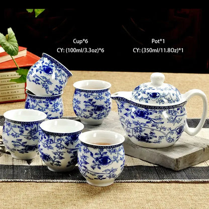 Handmade blue and white porcelain ceramic kung fu teapot with intricate floral patterns for dining room decorbites ceramic kung