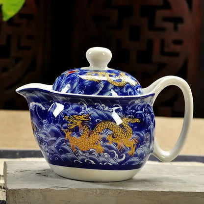 Handmade decorbites ceramic kung fu teapot with blue and gold dragon designs and white ceramic accents for dining room decorbites ceramic kung