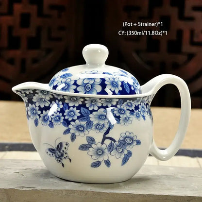 Handmade decorbites ceramic kung fu teapot white with blue floral and butterfly design for dragon tea serving