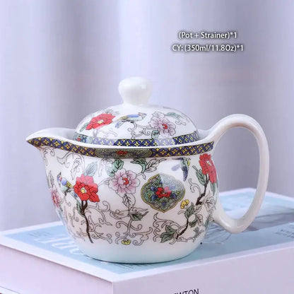 Handmade white ceramic kung fu teapot with lid and floral strainer decorated in red pink green and gold by decorbites ceramic kung
