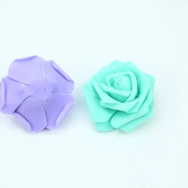 Handmade colorful decorbites foam roses flower bouquet featuring two layered foam roses in lavender and mint green