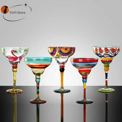 Hand-painted handmade colorful margarita wine glasses with vibrant designs and multicolored stems for dining room decorbites