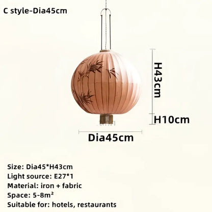 Handmade cream and peach decorbites bamboo lantern pendant with black bamboo patterns and iron frame for dining room light