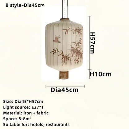 Handmade cream and peach decorbites bamboo lantern pendant made of iron and fabric with bamboo and bird motifs for dining room decor