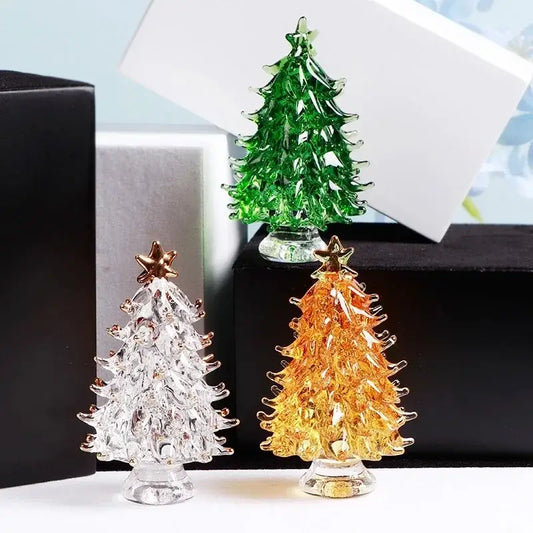 Three handmade crystal christmas tree mini figurines in clear rose gold, amber, and green for living room decorbites decor