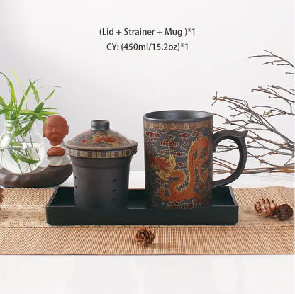 Black ceramic tea mug set with gold dragon design, matching lid and strainer, handmade purple clay decorbites dragon purple