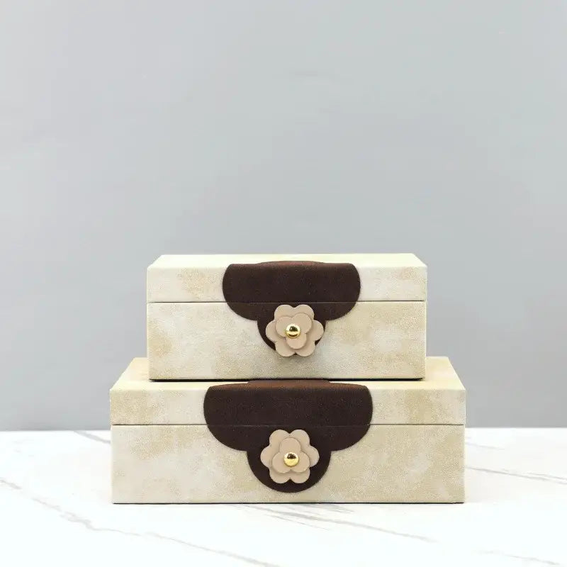 Handmade floral cream and brown leather jewelry box with textured beige design for home decor by decorbites handcrafted flowers