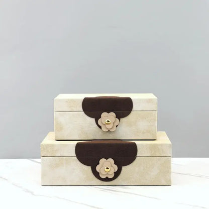 Handmade floral cream and brown leather jewelry box with textured beige design for home decor by decorbites handcrafted flowers