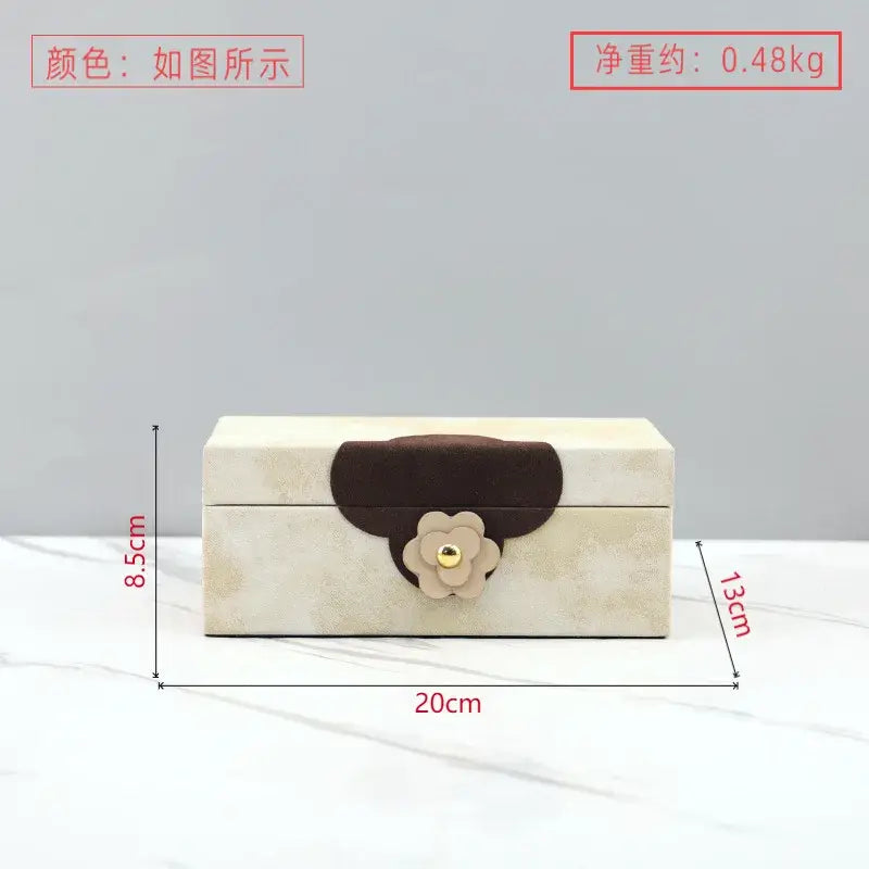 Handmade floral cream and brown leather jewelry box with suede flap and beige flower for home decor organizer decorbites handmade flowers