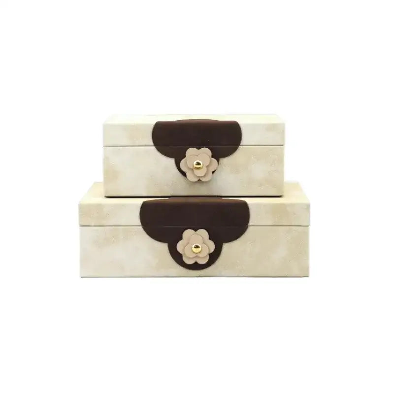 Handmade floral cream and brown leather jewelry box with decorative flower clasps for home decor by decorbites