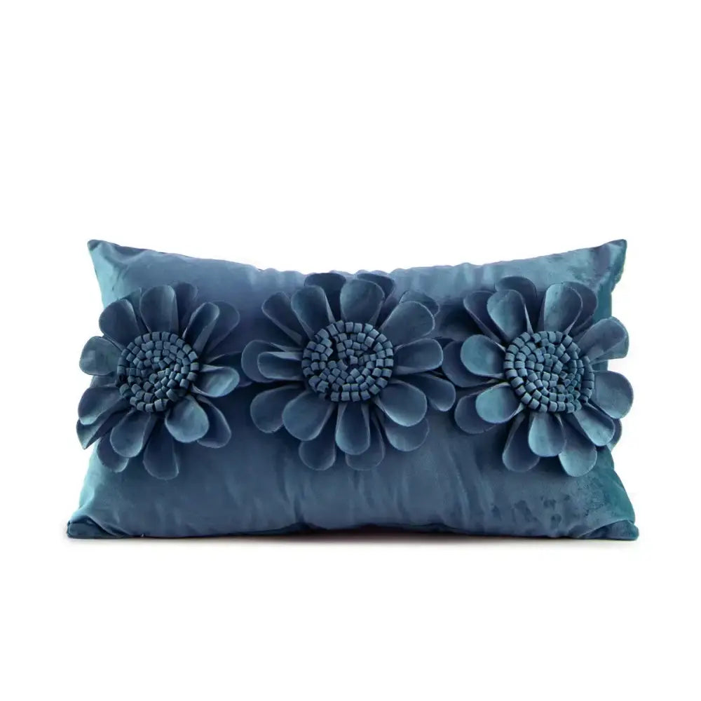 Handmade flower cushion cover in blue velvet with deep teal 3d embroidery for decorbites living room pillows decor