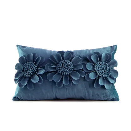 Handmade flower cushion cover in blue velvet with deep teal 3d embroidery for decorbites living room pillows decor