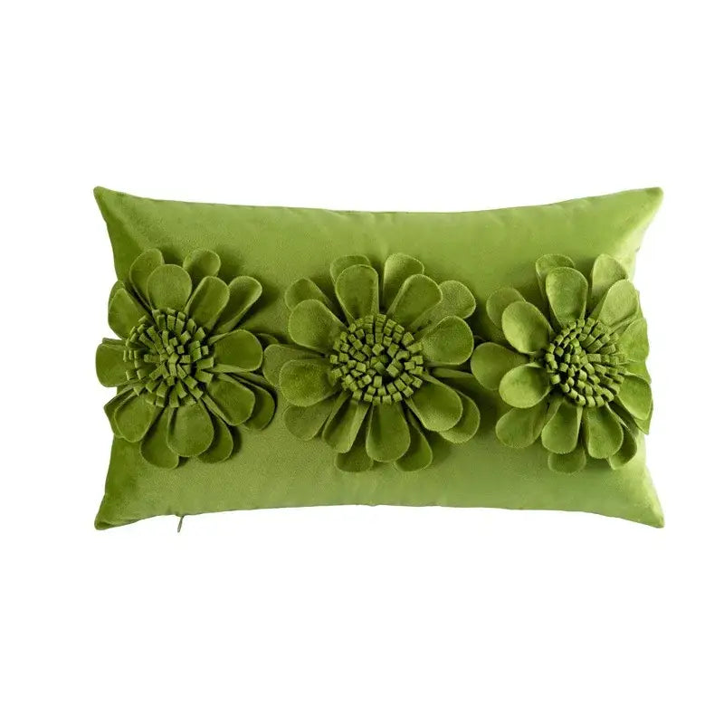 Handmade flower cushion cover set featuring a rectangular lime green velvet pillow with 3D fabric flowers decorbites handmade flower