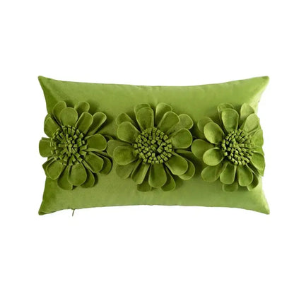Handmade flower cushion cover set featuring a rectangular lime green velvet pillow with 3D fabric flowers decorbites handmade flower