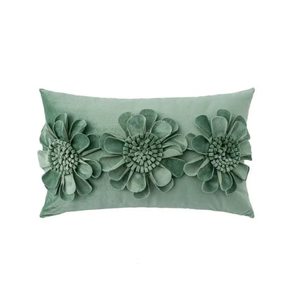 Handmade flower cushion cover in sage green velvet with three-dimensional floral decorbites handmade flower design