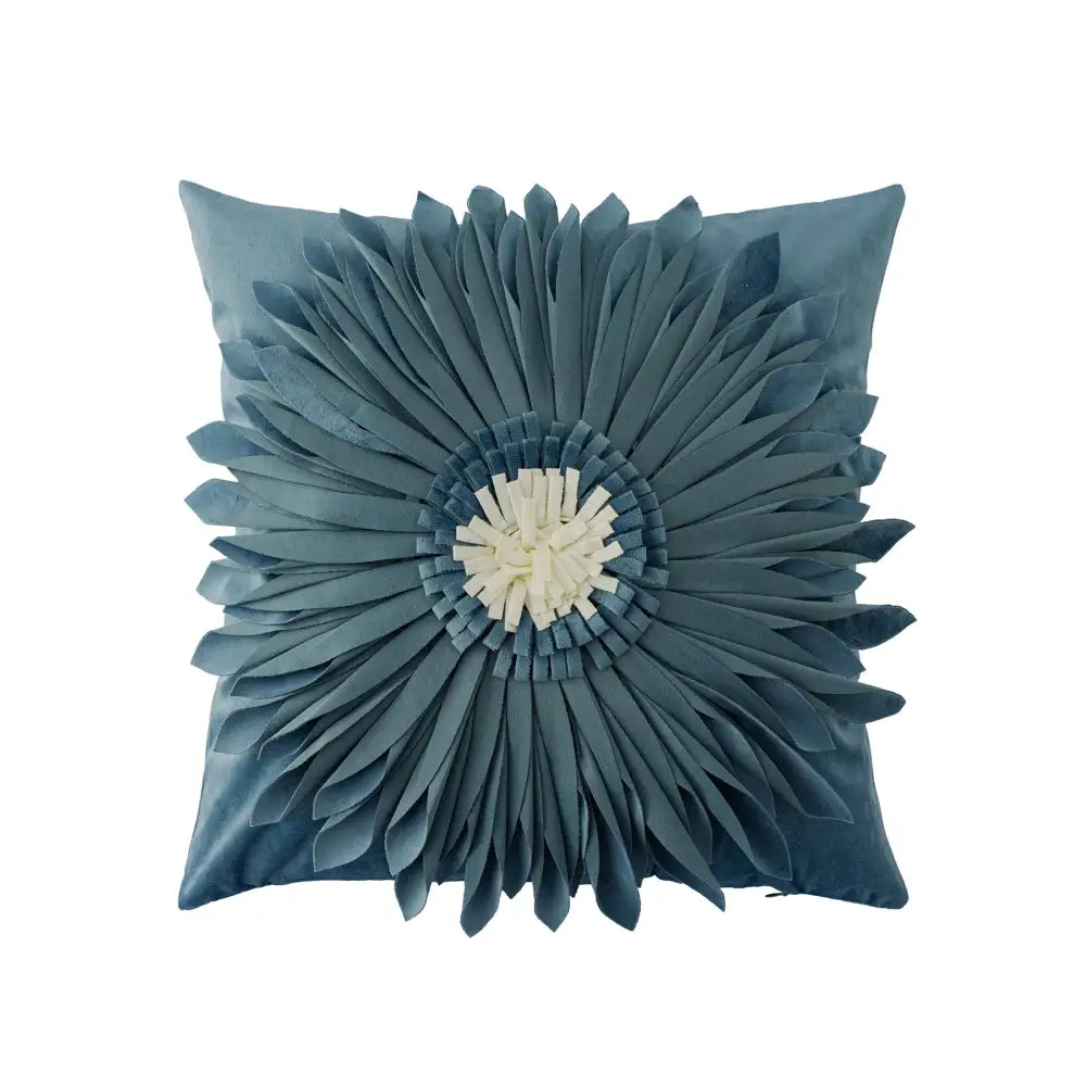 Handmade flower cushion cover set featuring a blue velvet cushion with layered fabric petals and off-white center decorbites handmade flower decor