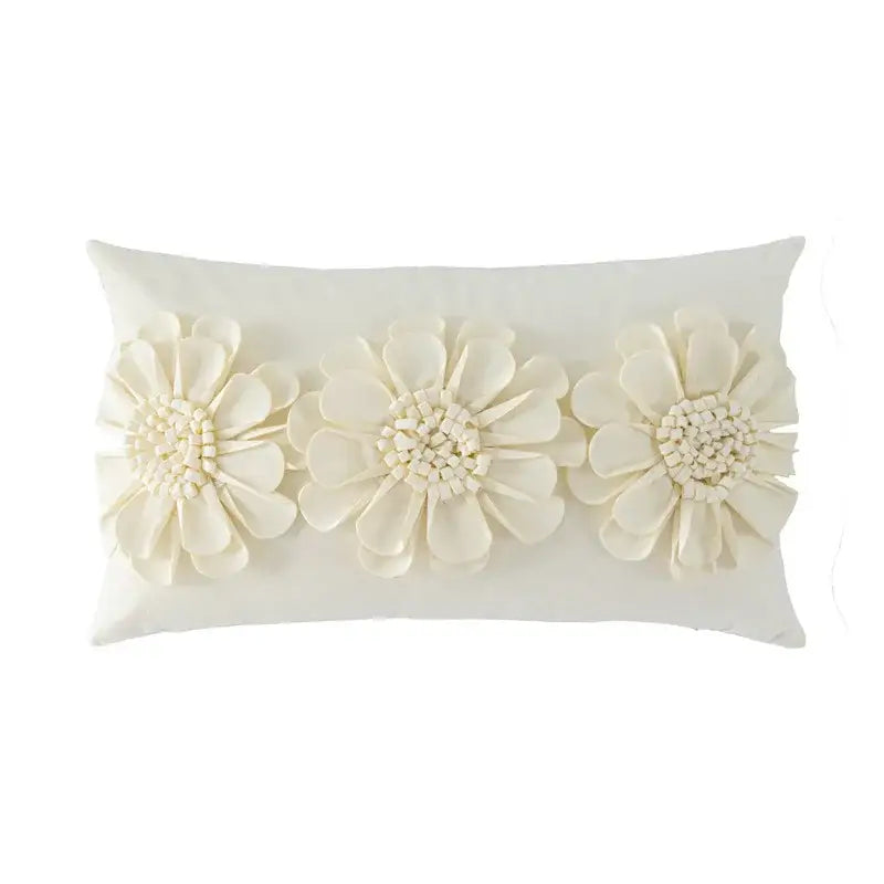Cream-colored handmade flower cushion cover with 3D fabric and beadwork floral appliqués for living room decor