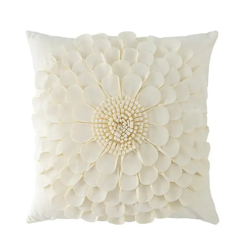 Cream-colored handmade flower cushion cover with three-dimensional soft fabric floral design for living room decorbites decor