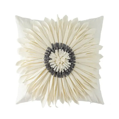 Cream-colored handmade flower cushion cover with 3d floral design and central felt motif for living room decorbites decor