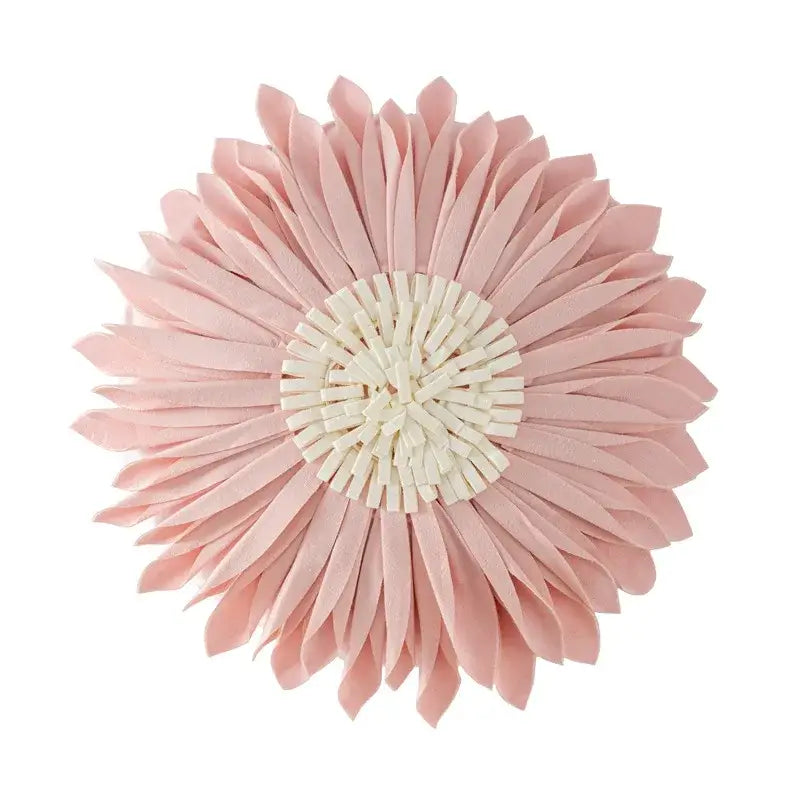 A delicate pink handmade flower cushion cover with layered petals and woven cream center for decorbites decor